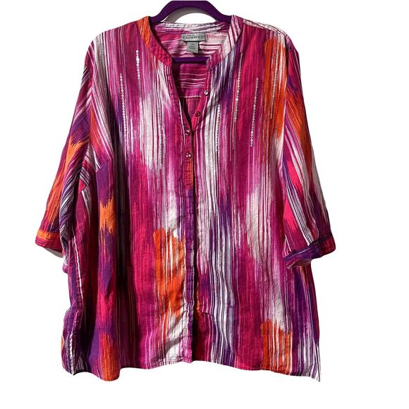 Catherines Liz & Me Button Top Size 2X 22 24W  Sequin Details Roll Tab Sleeve - Picture 1 of 8